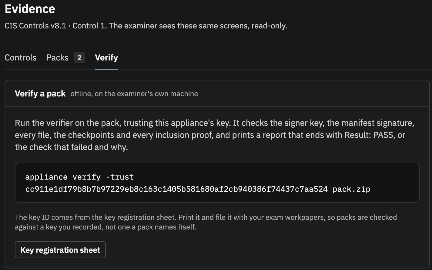 The Verify a pack panel: the exact appliance verify command with the key ID, and the key registration sheet button.