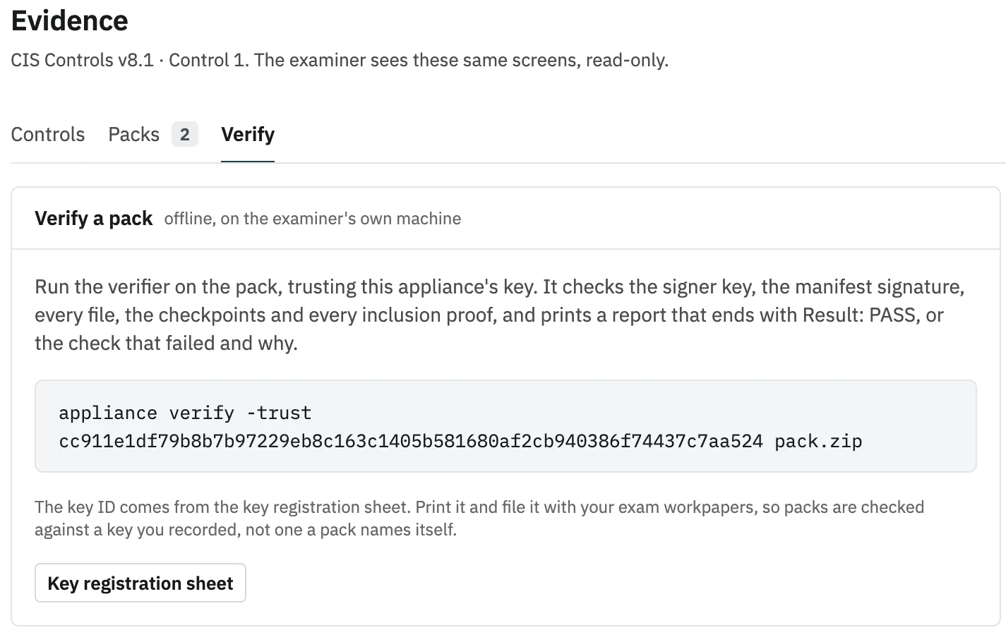 The Verify a pack panel: the exact appliance verify command with the key ID, and the key registration sheet button.