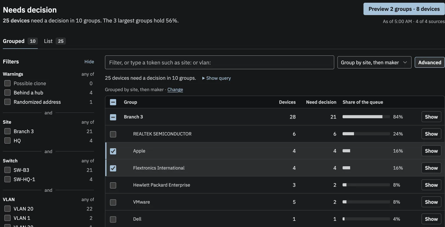 Needs decision, grouped by site, then maker: 25 devices in 10 groups. The Apple and Flextronics International groups at Branch 3 are ticked, and the button reads Preview 2 groups, 8 devices.