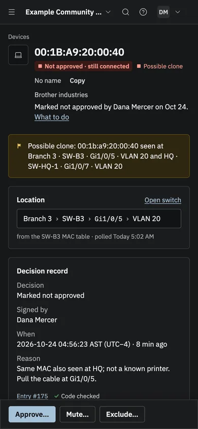 A device page on a phone: not approved and still connected, flagged as a possible clone, with its location and decision record.