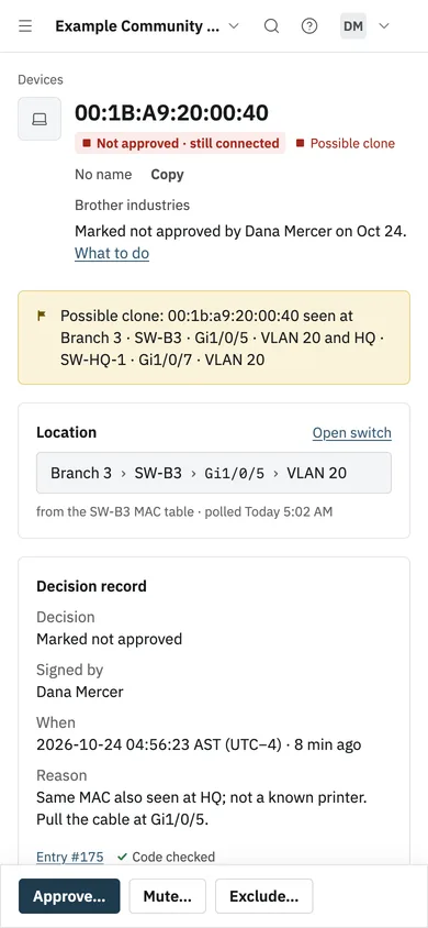 A device page on a phone: not approved and still connected, flagged as a possible clone, with its location and decision record.